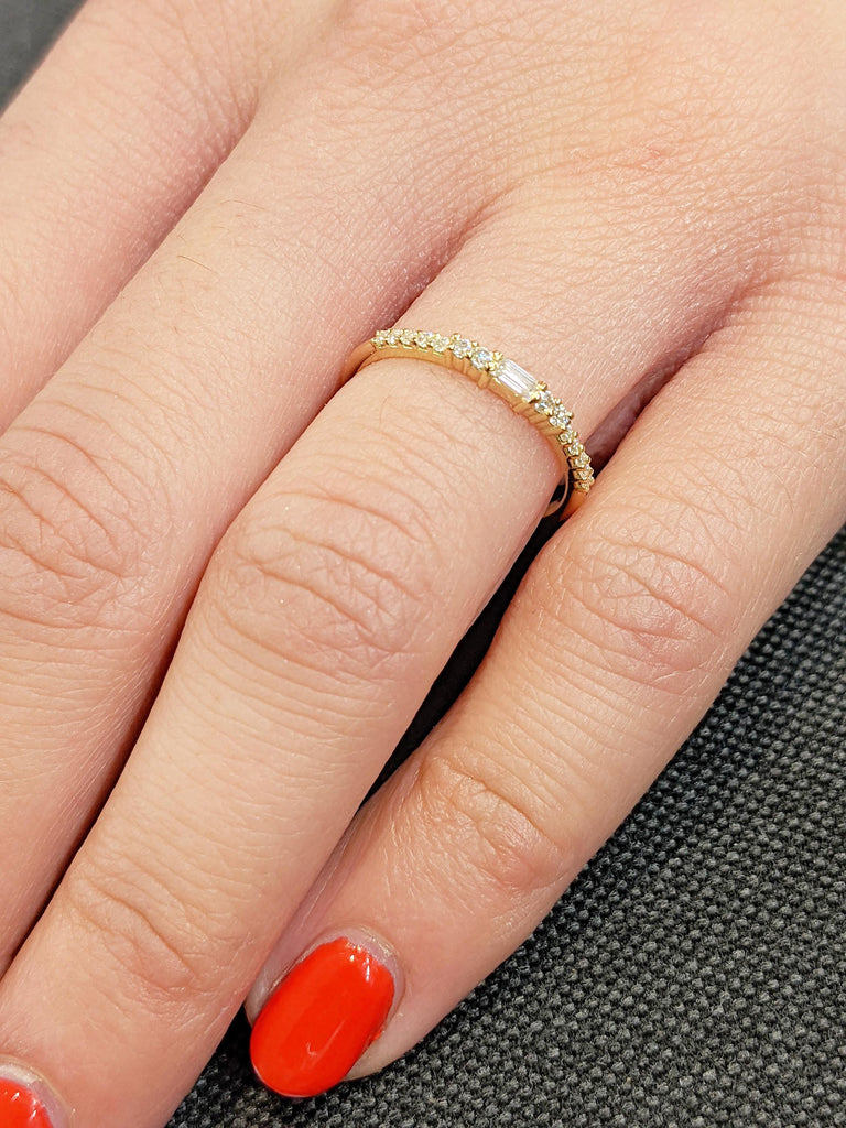 18K Yellow Gold Matching Ring | Dainty Diamond Wedding Band | Baguette and Round Prong Setting Diamond Band | Classic Stacking Bridal Ring