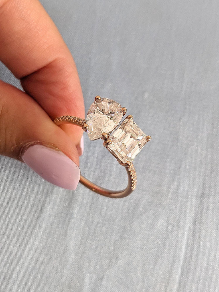 Toi et Moi Ring 14k Rose Gold | Pear cut Moissanite Promise Ring | Emerald cut Engagement Ring | Two Stone Wedding Ring Anniversary Gift