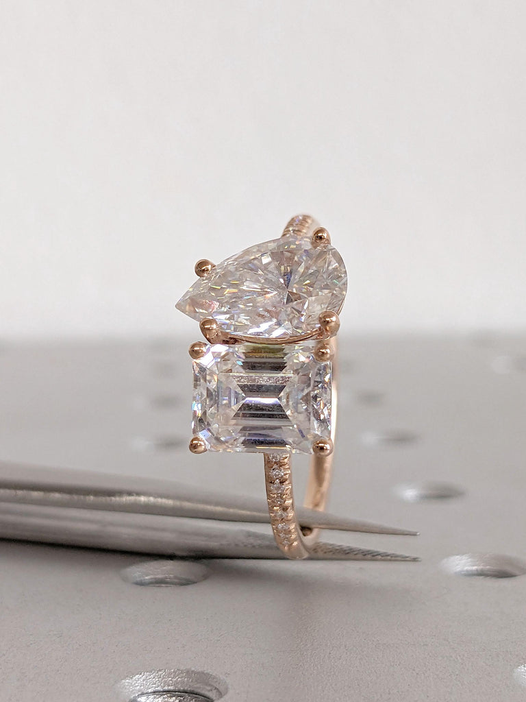 Toi et Moi Moissanite Ring | Two Stone Rose Gold Engagement Ring | Emerald and Pear Ring | Anniversary Ring | Moissanite Toi et Moi Ring