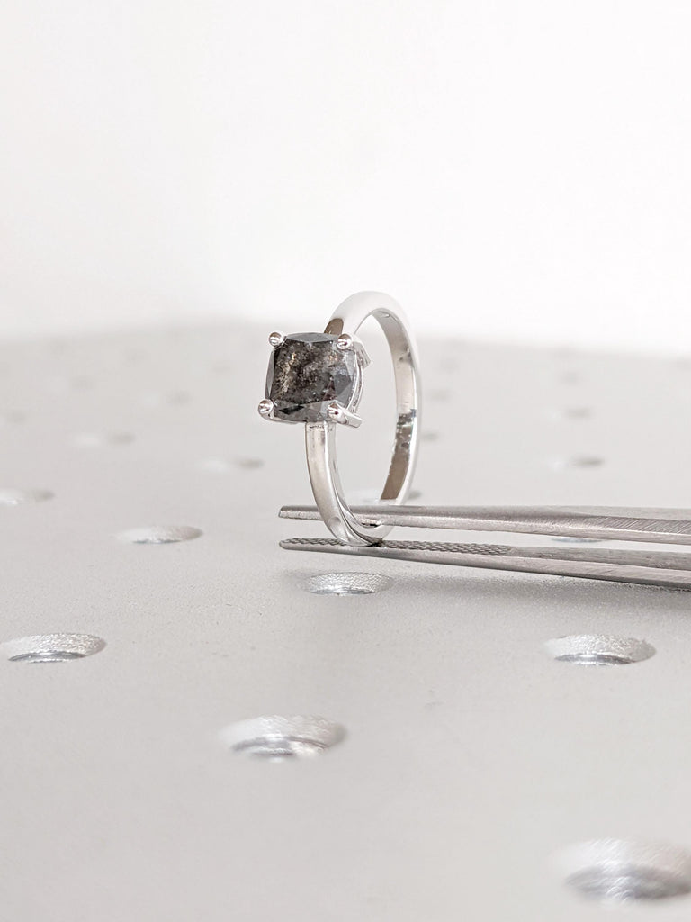 Salt and Pepper Diamond Ring, 14K White Gold Solitaire Engagement Ring, Cushion Cut Ring, Modern Minimalist Ring, Bridal Jewelry for Women