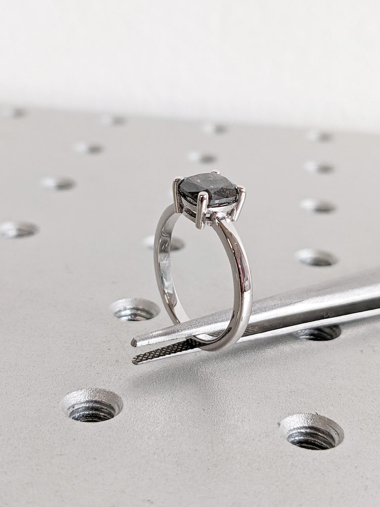 Salt and Pepper Diamond Ring, 14K White Gold Solitaire Engagement Ring, Cushion Cut Ring, Modern Minimalist Ring, Bridal Jewelry for Women