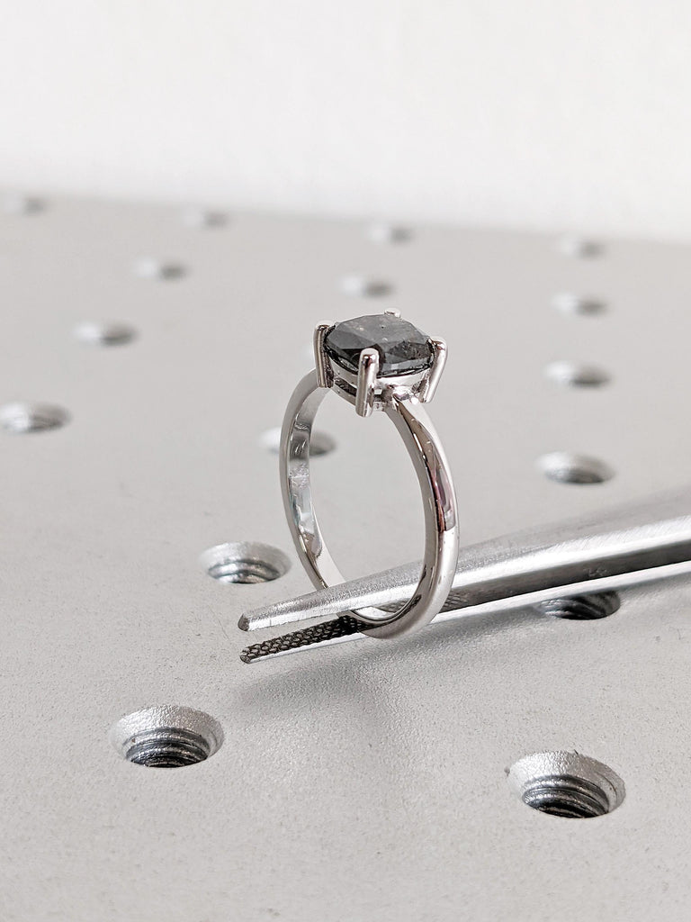 Salt and Pepper Diamond Ring: Cushion Cut Solitaire Engagement Ring for Women