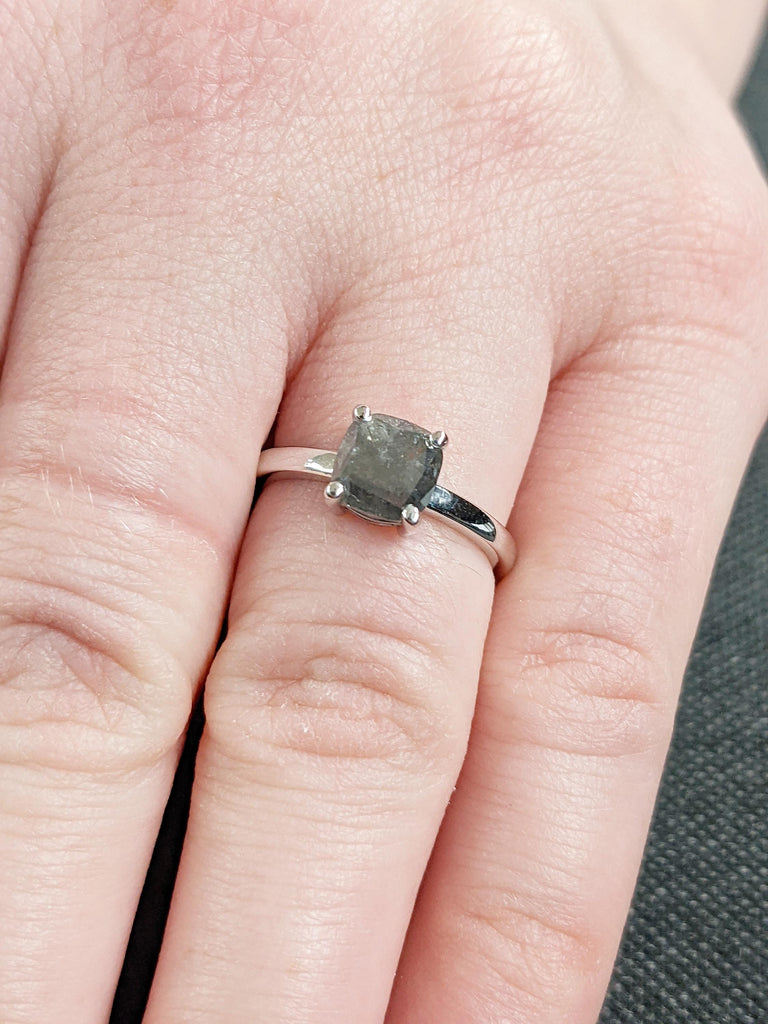 Salt and Pepper Diamond Ring, 14K White Gold Solitaire Engagement Ring, Cushion Cut Ring, Modern Minimalist Ring, Bridal Jewelry for Women