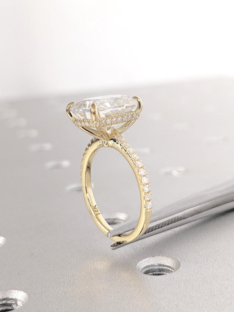 Hidden Halo Moissanite Ring, 14k Yellow Gold Half Eternity Ring, Dainty Engagement Ring