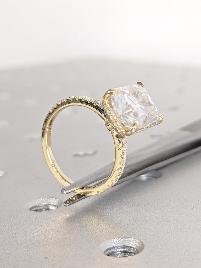 3ct Lab Grown Diamond Ring for Women, Radiant Cut Engagement Ring, Diamond Hidden Halo Ring, 14K Yellow Gold Half Eternity Statement Ring