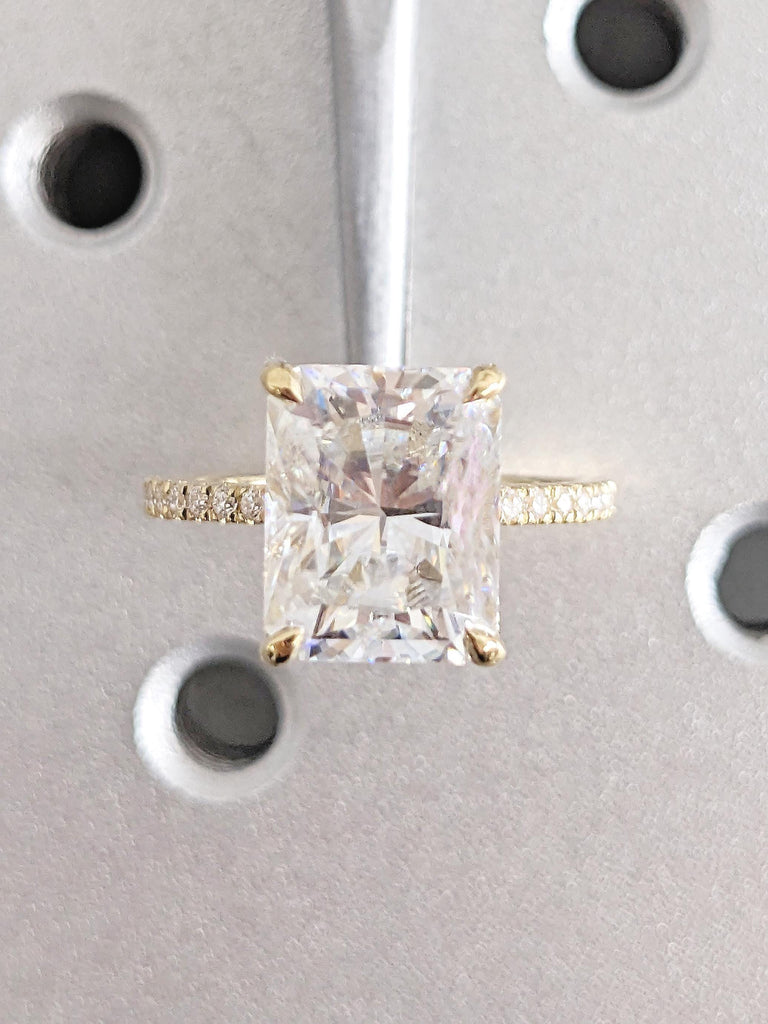 Hidden Halo Moissanite Ring, 14k Yellow Gold Half Eternity Ring, Dainty Engagement Ring