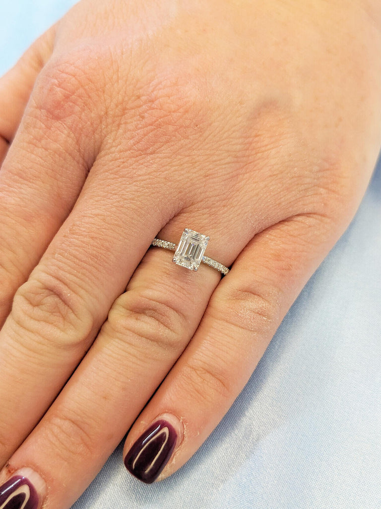 Lab Diamond Ring, Hidden Halo Engagement Ring, 14k White Gold Ring, Half Eternity Ring, 1-2ct Emerald Cut Lab Grown Diamond Anniversary Ring