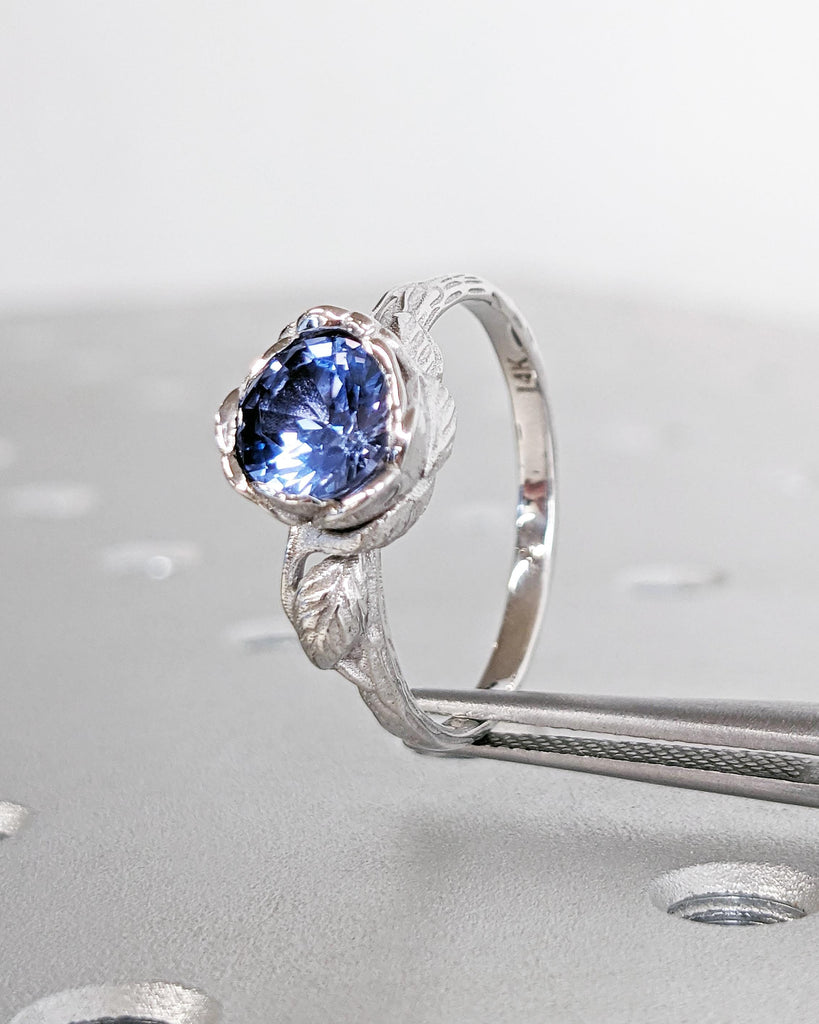 Vintage Round Tanzanite Engagement Ring • Violet Blue Purple Tanzanite Gemstone Ring • Floral Promise Ring • Nature Engagement Ring • 14K White Gold