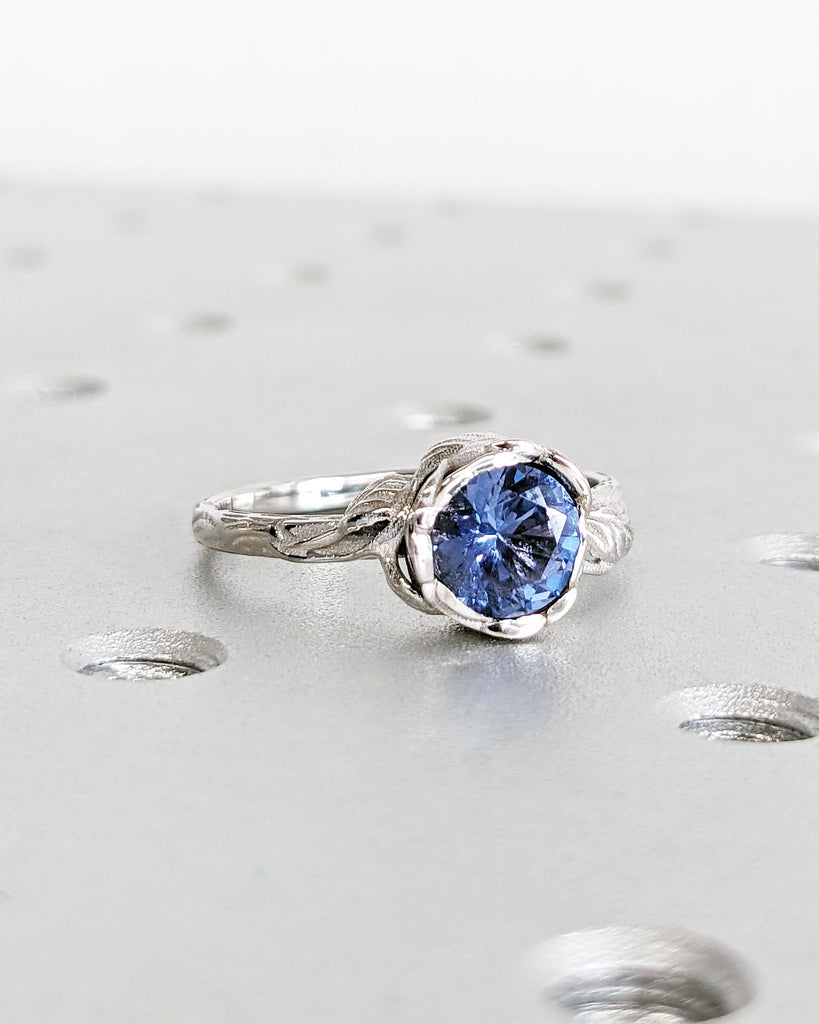 Vintage Round Tanzanite Engagement Ring • Violet Blue Purple Tanzanite Gemstone Ring • Floral Promise Ring • 14K White Gold