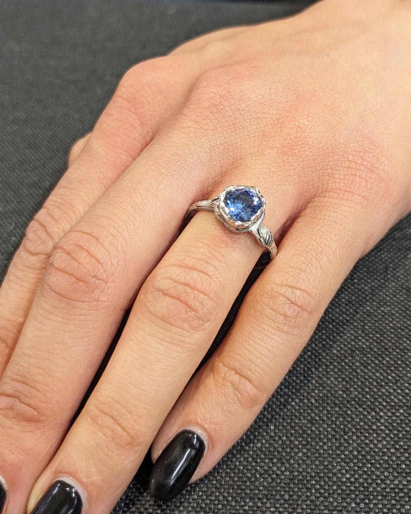 Vintage Round Tanzanite Engagement Ring • Violet Blue Purple Tanzanite Gemstone Ring • Floral Promise Ring • 14K White Gold