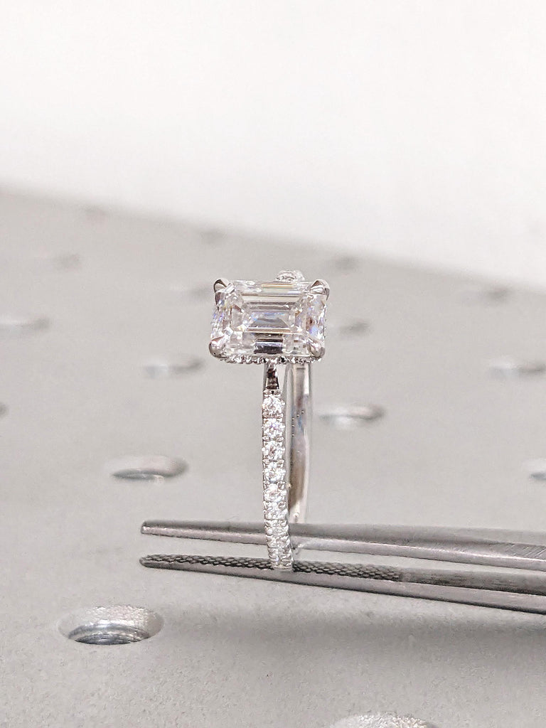 Emerald Cut Moissanite Engagement Ring, White Gold Promise Ring for Her, Hidden Halo Moissanite Ring, Half Eternity Wedding Ring for Women