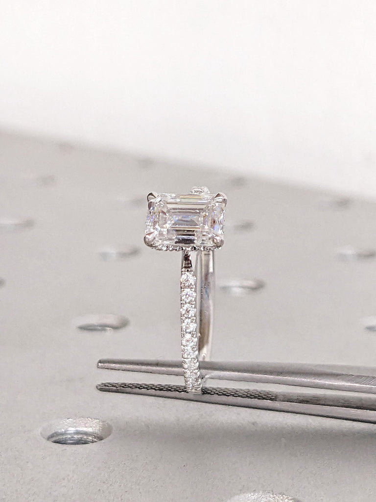 14k White Gold Ring, Emerald Cut Moissanite Ring, Halo Engagement Ring, Half Eternity Ring