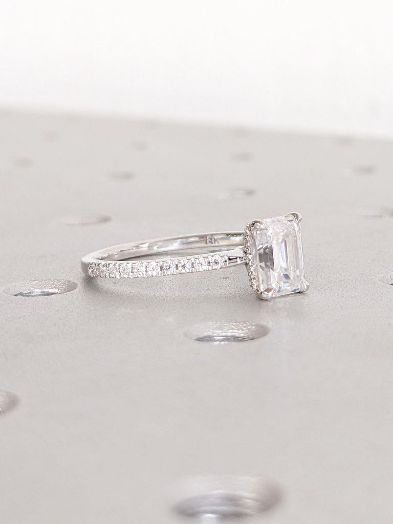 Emerald Cut Moissanite Engagement Ring, White Gold Promise Ring for Her, Hidden Halo Moissanite Ring, Half Eternity Wedding Ring for Women