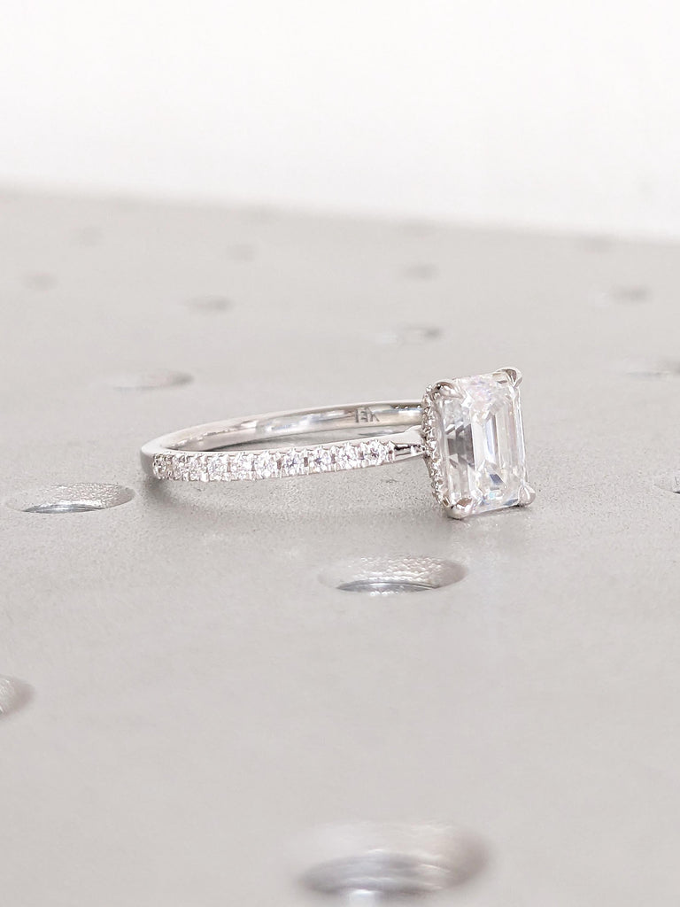 14k White Gold Ring, Emerald Cut Moissanite Ring, Halo Engagement Ring, Half Eternity Ring
