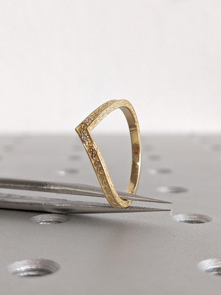 Vintage Chevron Paved Tiny Moissanite Wedding Ring | 18k Yellow Gold Hand Engraved Filigree Band
