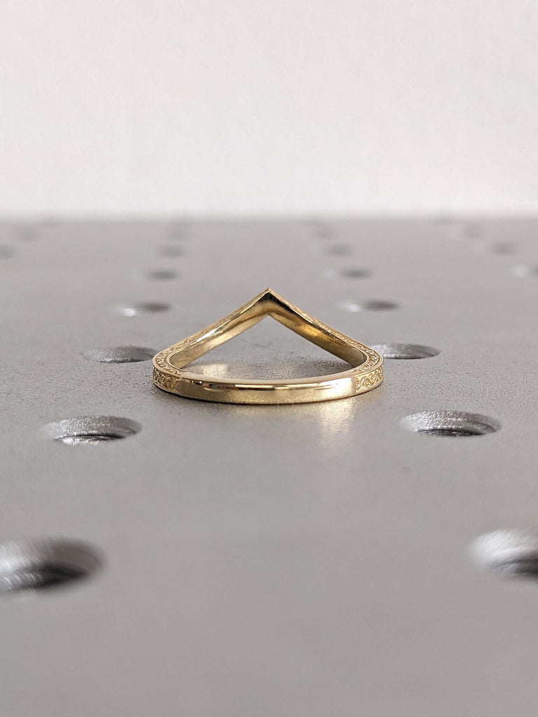 Vintage Chevron Paved Tiny Moissanite Wedding Ring | 18k Yellow Gold Hand Engraved Filigree Band