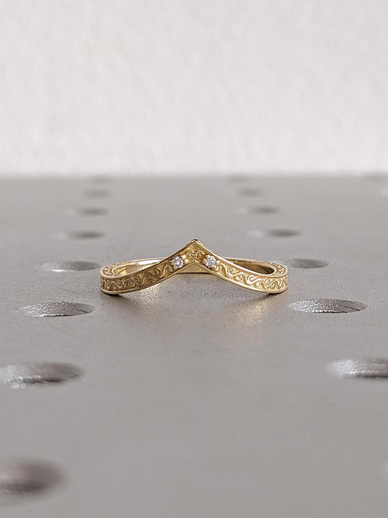 Art Deco Curved Diamond Wedding Band | Solid 14K/18K Yellow Gold V Shape Ring For Women | Chevron Stacking Band For Her | Matching Band Gift