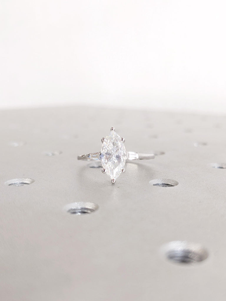 Marquise Cut Moissanite Engagement Ring | 14K White Gold Bridal Ring | Tapered Baguette Moissanite Ring | Personalized Gift | Ring For Her