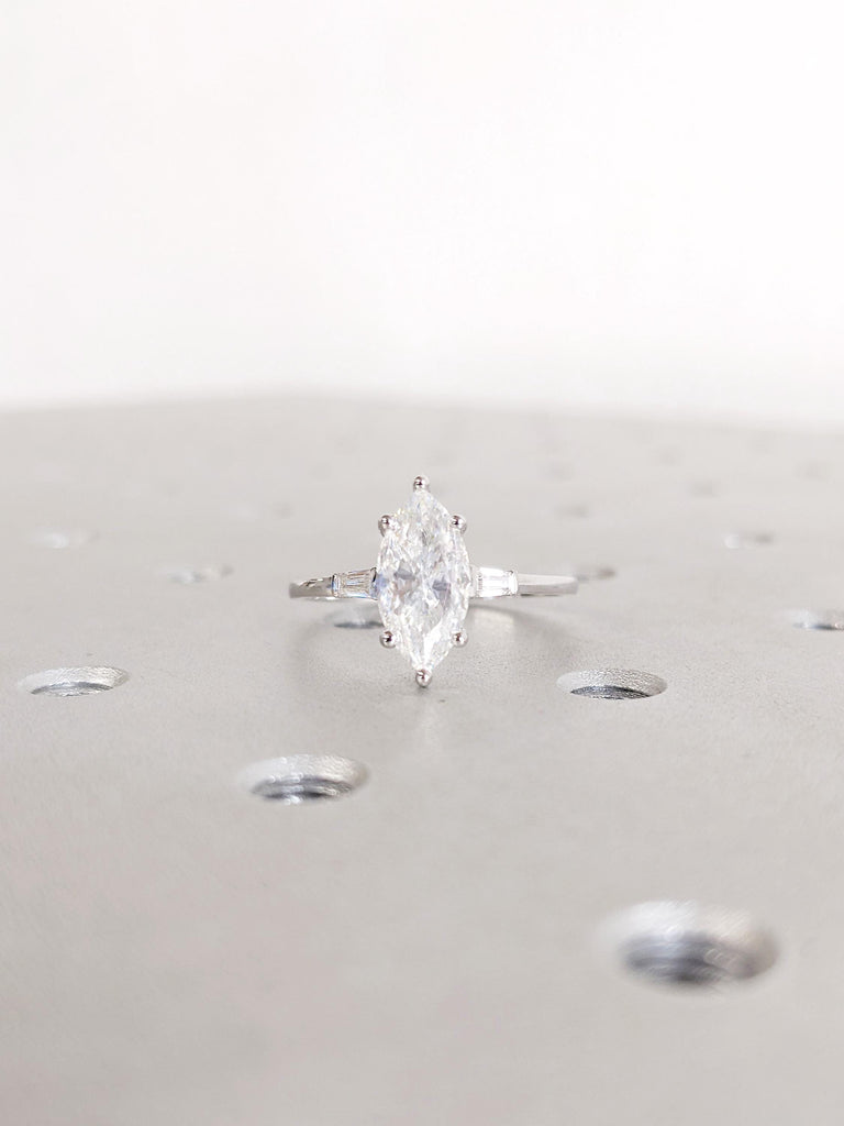 Marquise Cut Moissanite Engagement Ring, 14K Solid Gold Ring, Tapered Baguette Moissanite Ring, Bridal Ring