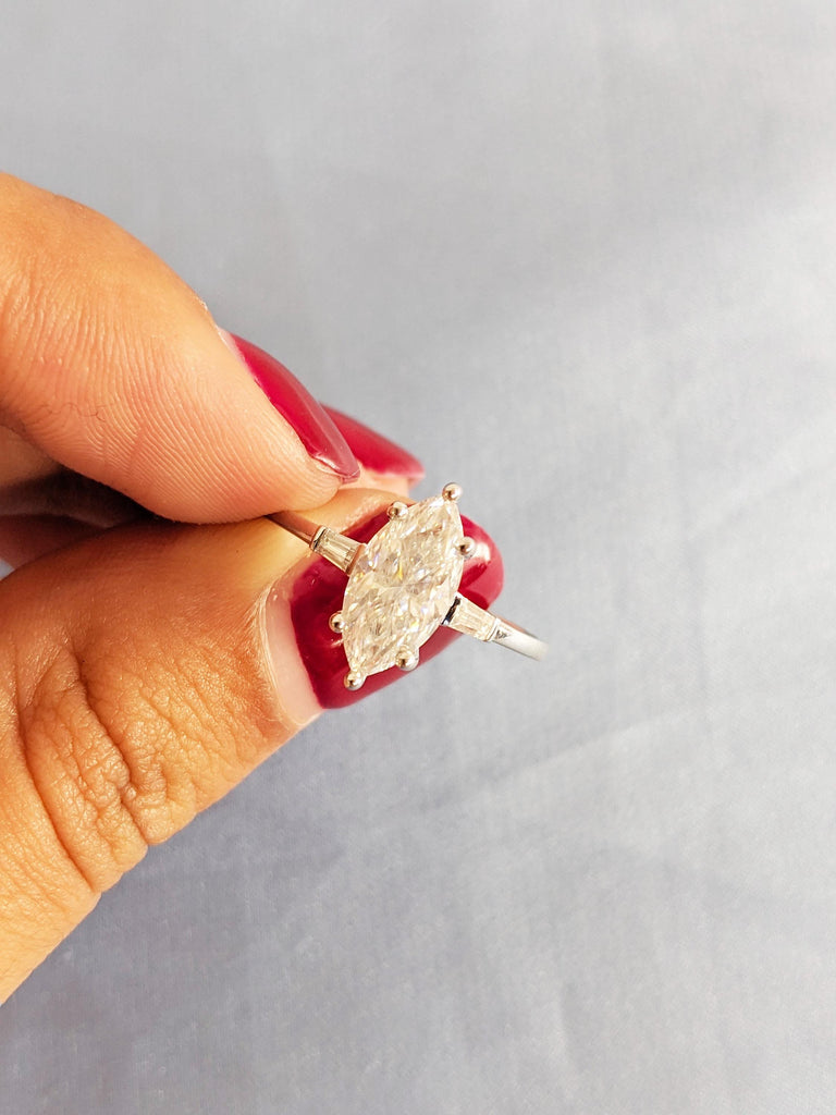 Lab Grown Diamond Engagement Ring | 14K Solid Gold Wedding Ring | Tapered Baguette Diamond Ring | Prong Set Marquise Cut Lab Diamond Ring