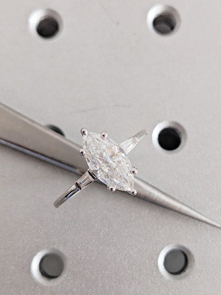 Marquise Cut Moissanite Engagement Ring, 14K Solid Gold Ring, Tapered Baguette Moissanite Ring, Bridal Ring
