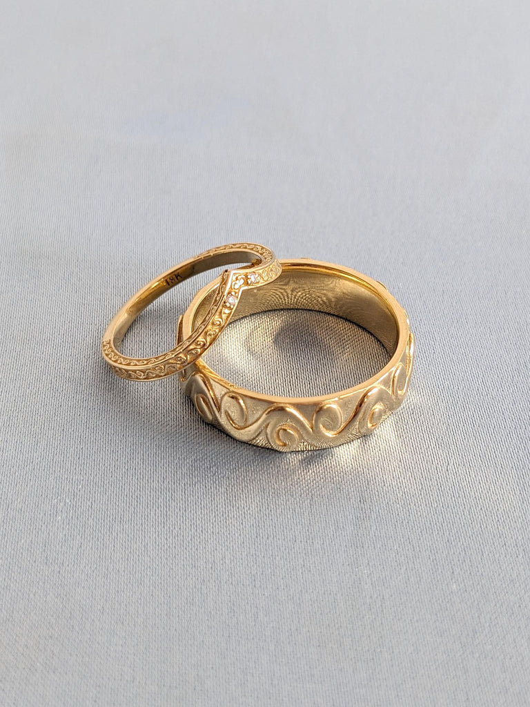 18k Yellow Gold Vintage Wedding Band | His and Hers Wedding Ring Set | Hand Engrave Filigree Couples Ring | Commitment Ring | 6mm Mens Band
