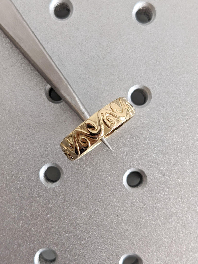 18k Yellow Gold Vintage Wedding Band | His and Hers Wedding Ring Set | Hand Engrave Filigree Couples Ring | Commitment Ring | 6mm Mens Band