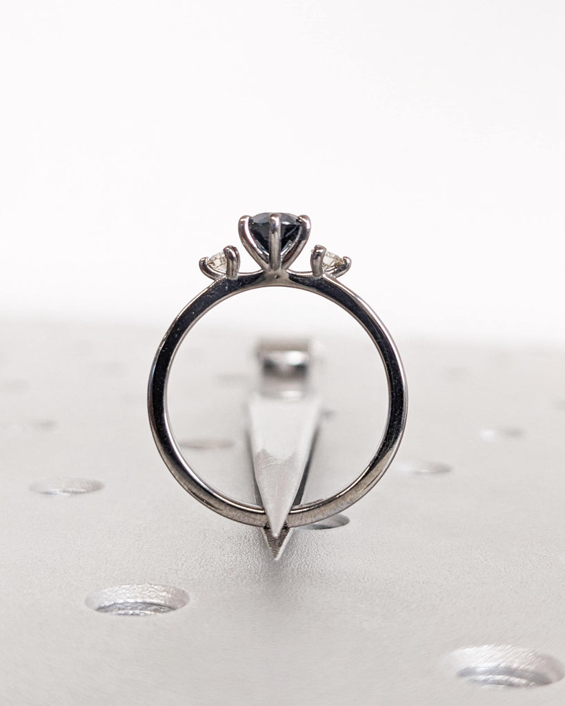 Peacock Sapphire Promise Ring • Round Cut Natural Sapphire • Blue Green Gemstone Ring • Sapphire and Diamond Dainty Ring • 14K Black Gold