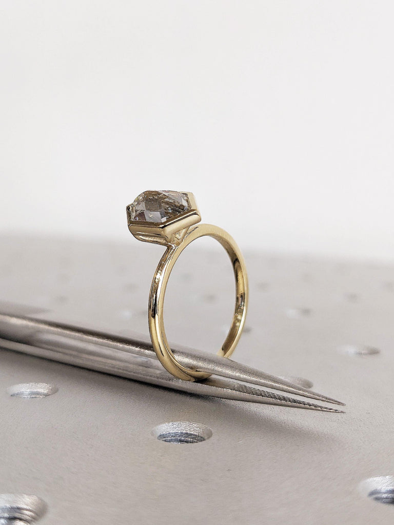 Hexagon Cut Lab Diamond Solitaire Ring, 14K Yellow Gold Bezel Setting Wedding Band, Women’s Engagement Anniversary Ring