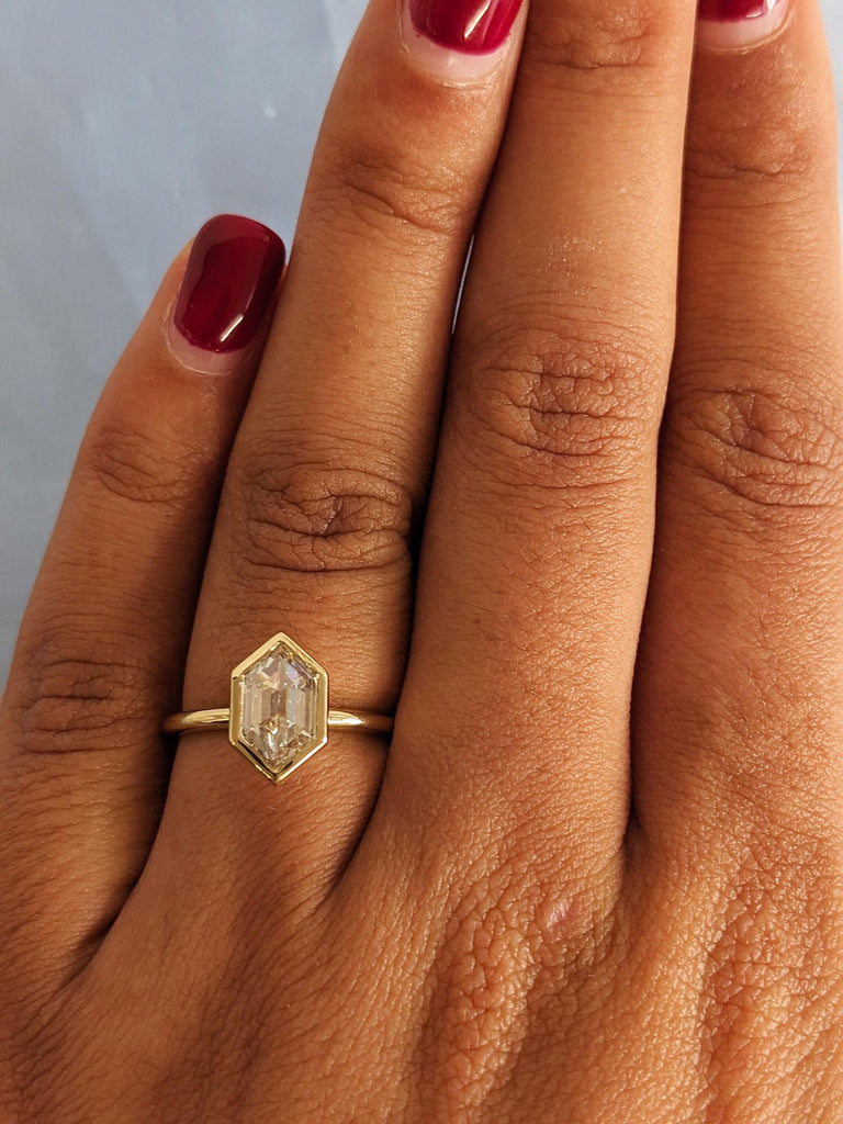 Hexagon Cut Lab Diamond Solitaire Ring, 14K Yellow Gold Bezel Setting Wedding Band, Women’s Engagement Anniversary Ring