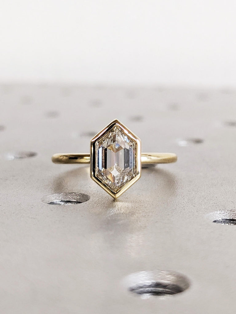 Hexagon Cut Lab Diamond Solitaire Ring, 14K Yellow Gold Bezel Setting Wedding Band, Women’s Engagement Anniversary Ring