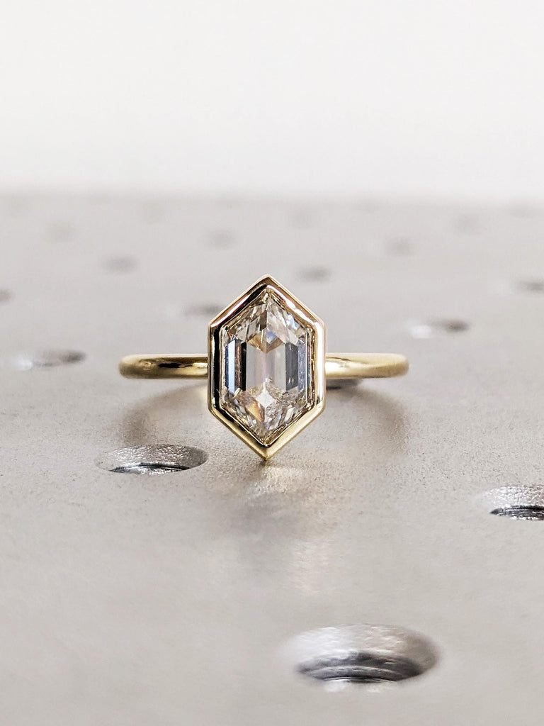 Classic Solitaire Lab Diamond Wedding Ring, 14K Yellow Gold Hexagon Cut Diamond Bezel Setting Band, Women Gold Engagement Ring, Promise Ring