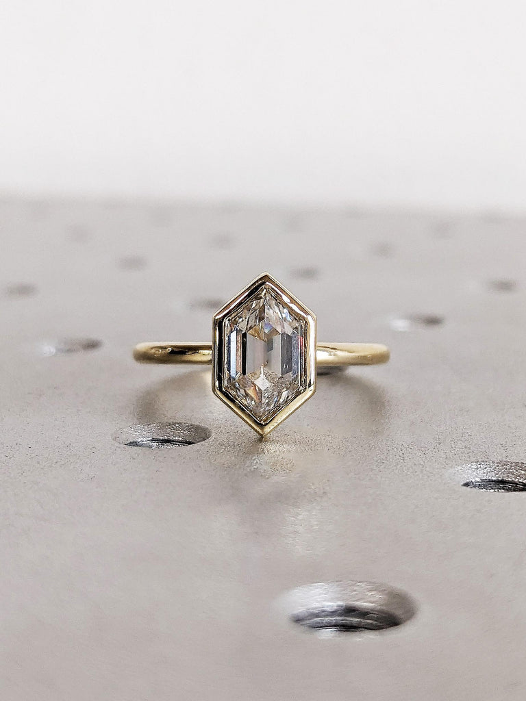 Hexagon Cut Moissanite Solitaire Ring, 14K Yellow Gold Bezel Setting Wedding Band, Women’s Engagement Anniversary Ring