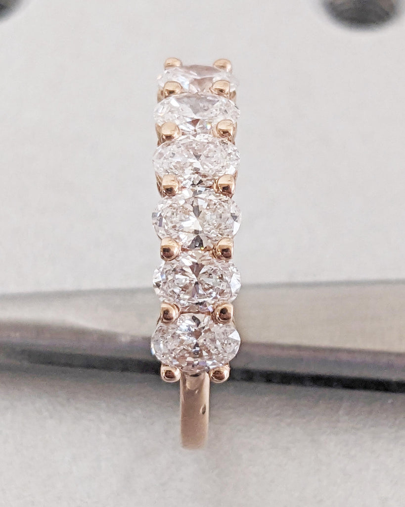 Six Stone Oval Diamond Band, Oval Moissanite Half Eternity Ring, 1.6mm Dainty Ring, Vintage Wedding Anniversary Band, 14K Rose Gold
