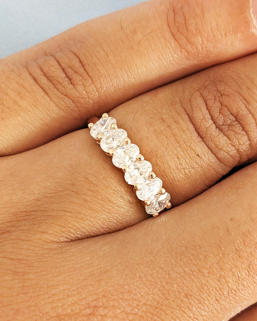 Six Stone Oval Diamond Band, Oval Moissanite Half Eternity Ring, 1.6mm Dainty Ring, Vintage Wedding Anniversary Band, 14K Rose Gold