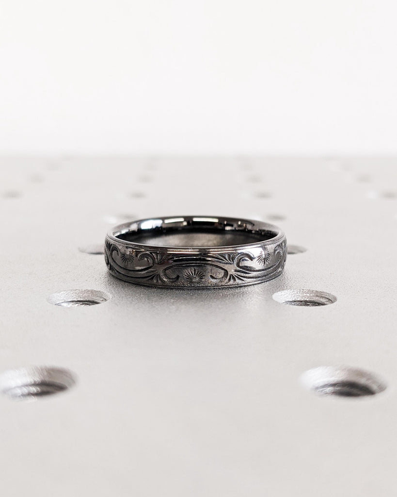 14K Hand Engraved Wedding Band (5mm): Men's Black Gold Wedding Band with Nature Art Deco Floral Leaf Design, Custom Promise Ring for Him