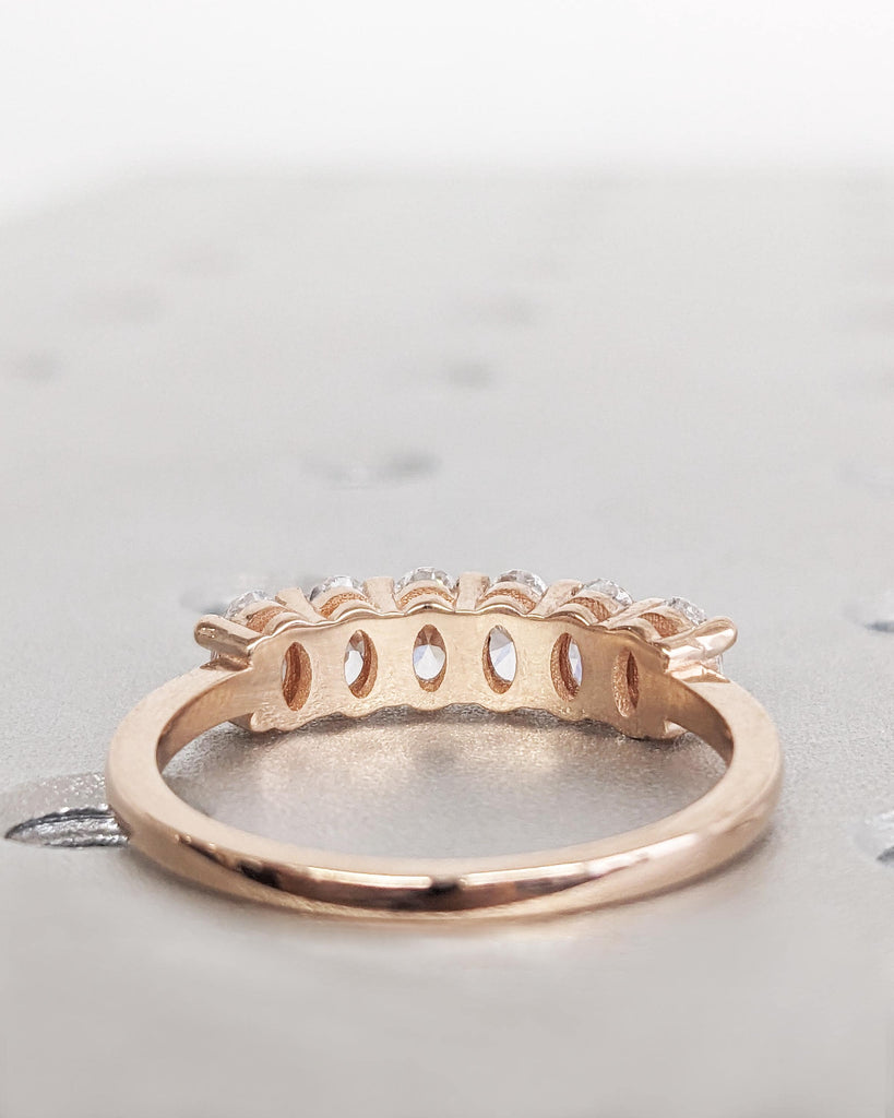 Six Stone Oval Diamond Band, Oval Moissanite Half Eternity Ring, 1.6mm Dainty Ring, Vintage Wedding Anniversary Band, 14K Rose Gold