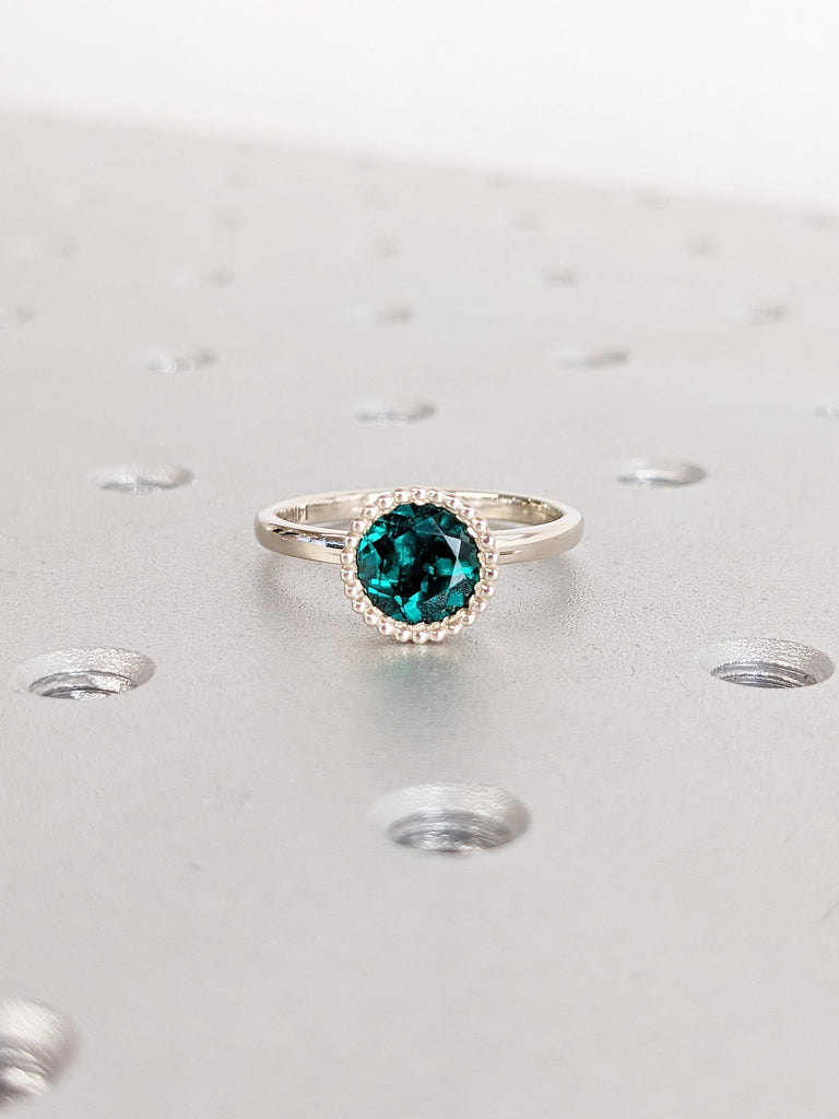 Round Cut Lab Emerald Ring, Bezel Engagement Ring, Milgrain White Gold Ring, Solitaire Ring