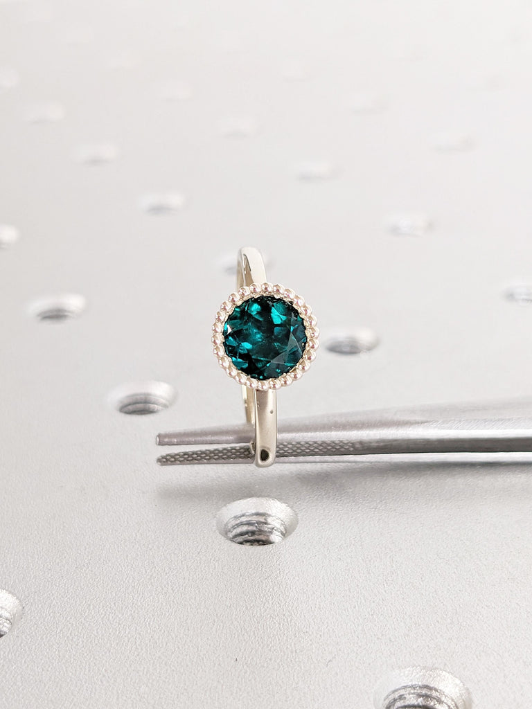 Round Cut Lab Emerald Ring, Bezel Engagement Ring, Milgrain White Gold Ring, Solitaire Ring