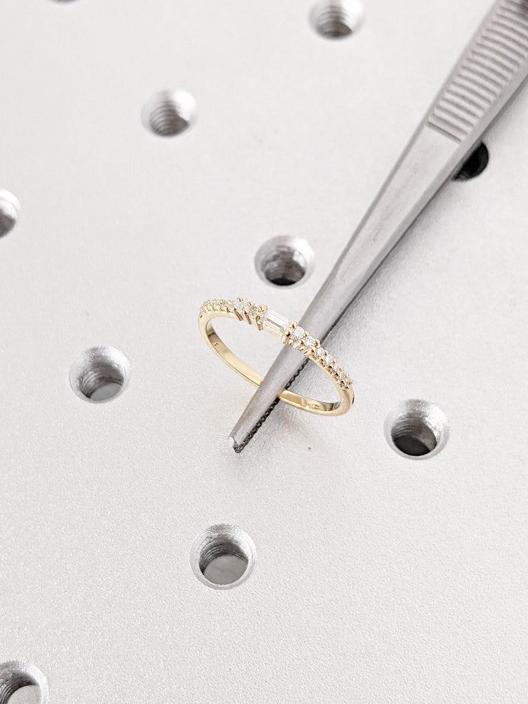 18K Yellow Gold Matching Ring | Dainty Diamond Wedding Band | Baguette and Round Prong Setting Diamond Band | Classic Stacking Bridal Ring
