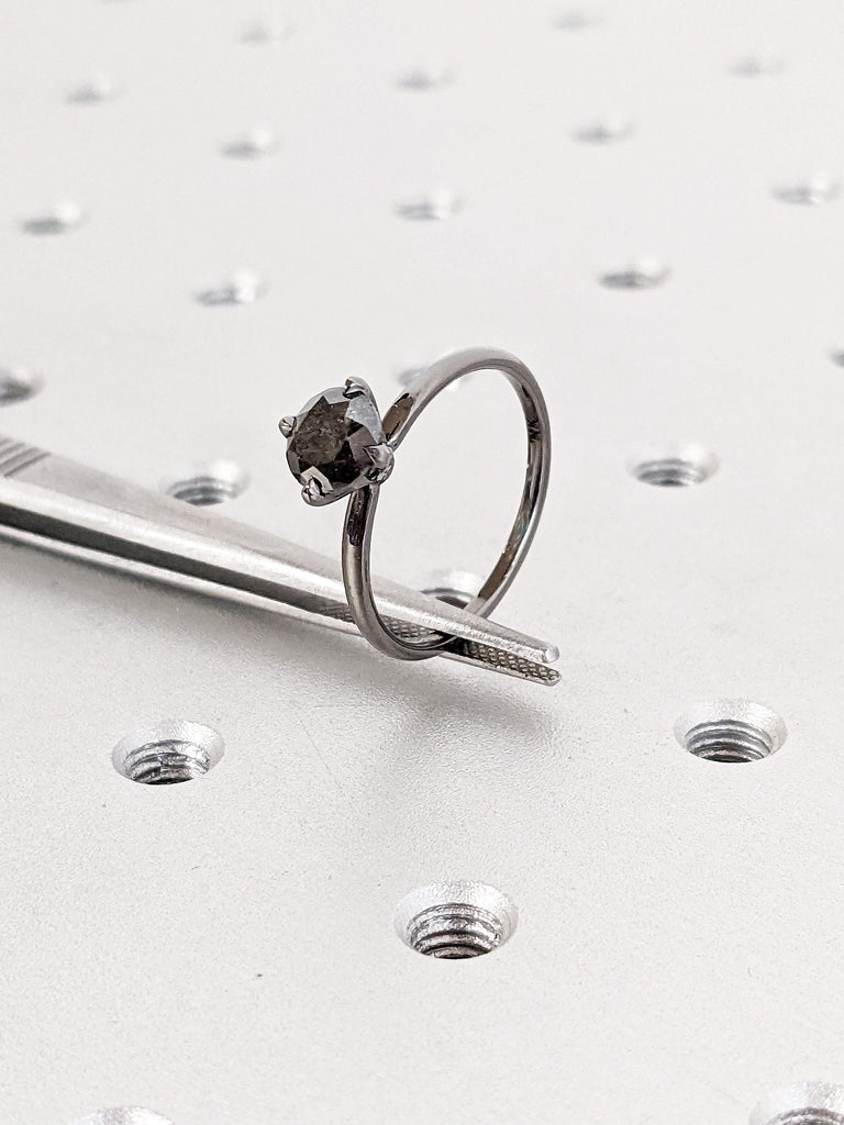 Raw Salt and Pepper Diamond Ring: Round Cut Solitaire in Talon Prong