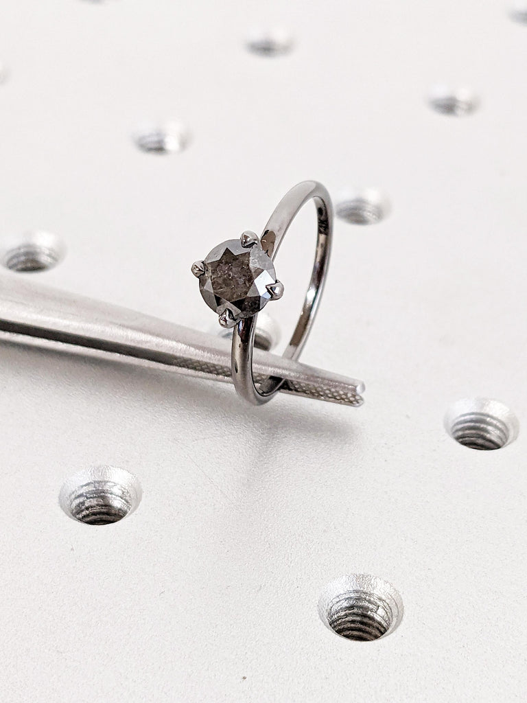 Raw Salt and Pepper Diamond Ring: Round Cut Solitaire in Talon Prong