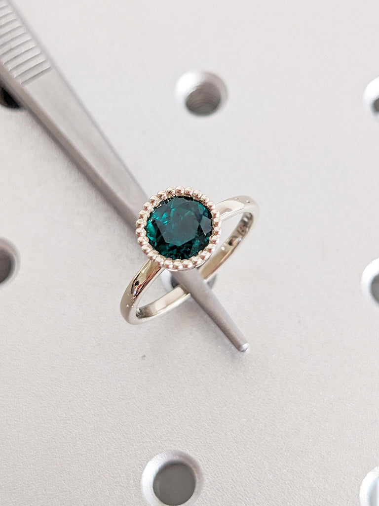 Bezel Set Emerald Ring, 14k White Gold Engagement Ring, Milgrain Ring, Round Cut Green Gemstone Ring, Lab Grown Emerald Ring, Solitaire Ring
