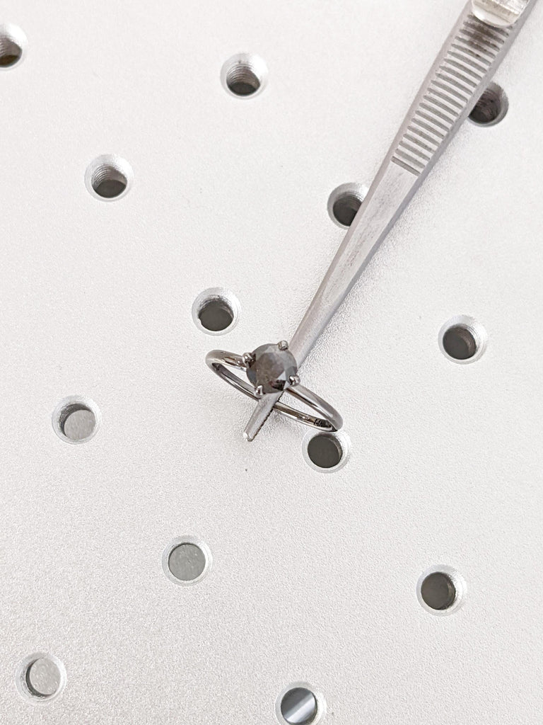 Raw Salt and Pepper Diamond Ring: Round Cut Solitaire in Talon Prong