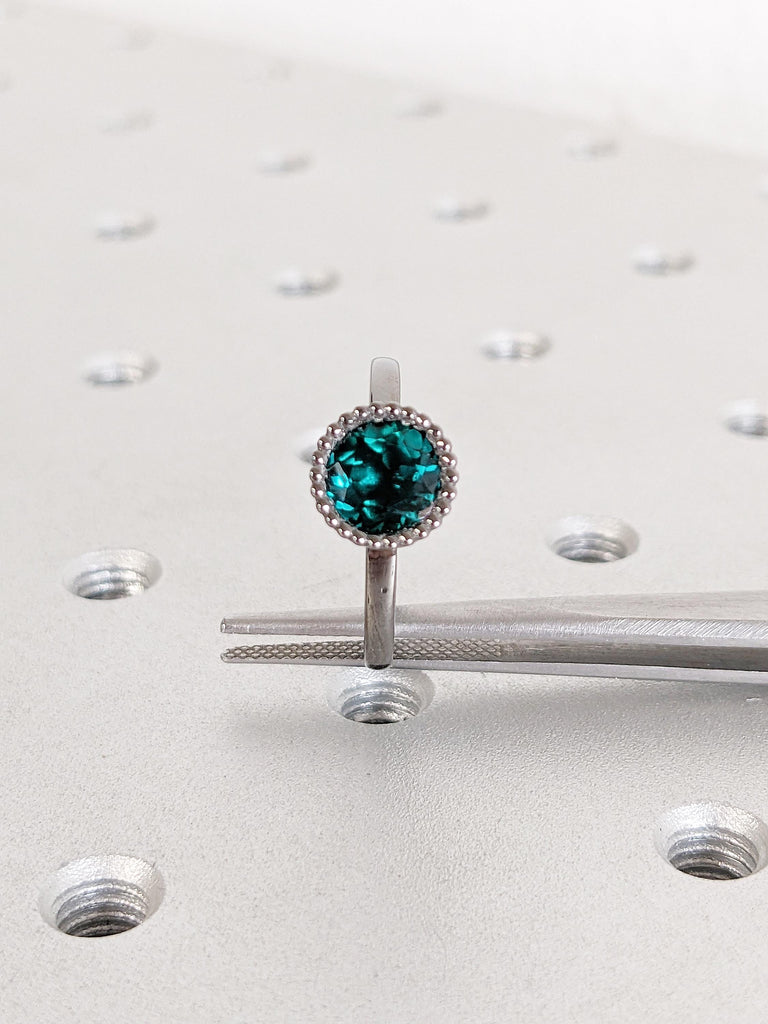 Solitaire Ring, Lab Emerald Ring, Milgrain 14k Black Gold Bezel Set Ring, Vintage Engagement Ring