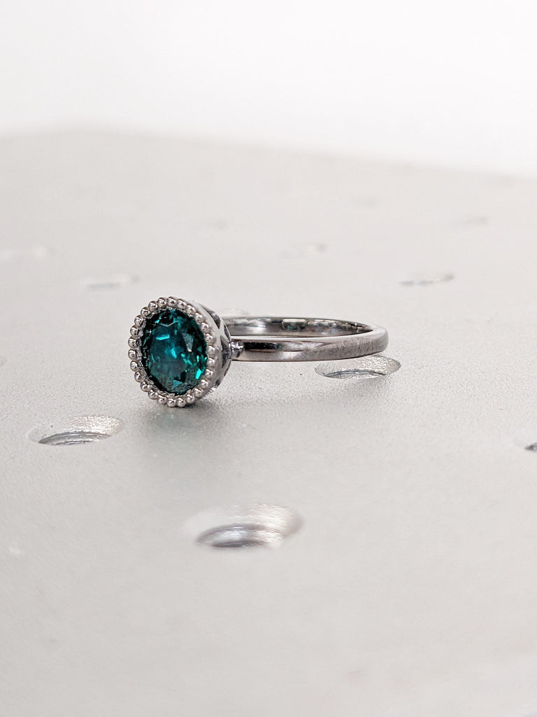 Solitaire Ring, Lab Emerald Ring, Milgrain 14k Black Gold Bezel Set Ring, Vintage Engagement Ring