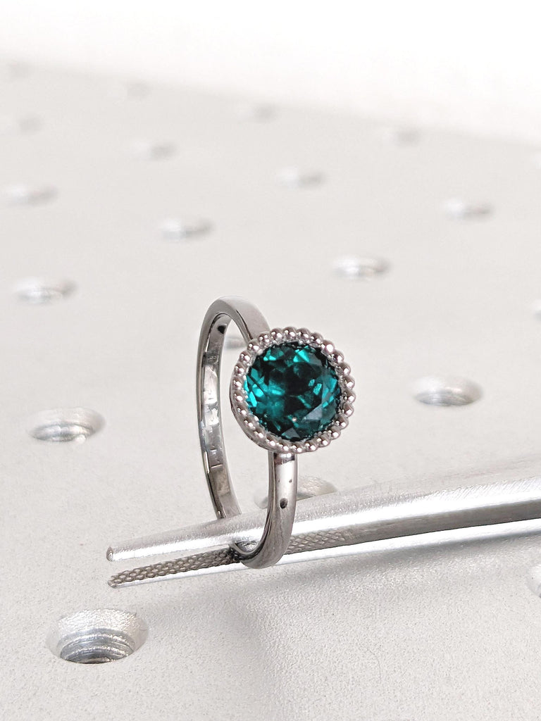 Solitaire Ring, Lab Emerald Ring, Milgrain 14k Black Gold Bezel Set Ring, Vintage Engagement Ring