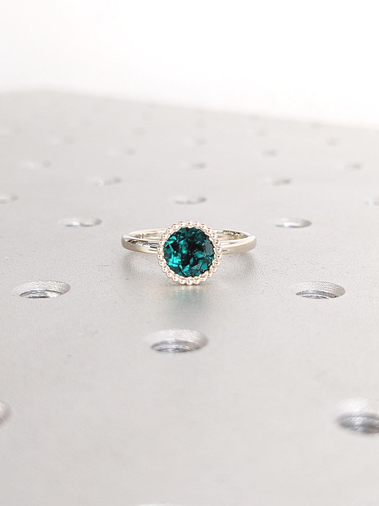 Round Cut Lab Emerald Ring, Bezel Engagement Ring, Milgrain White Gold Ring, Solitaire Ring