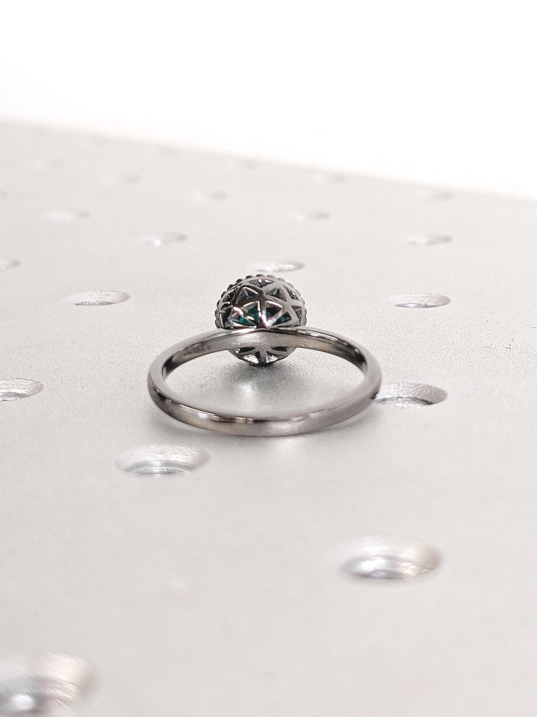 Solitaire Ring, Lab Emerald Ring, Milgrain 14k Black Gold Bezel Set Ring, Vintage Engagement Ring