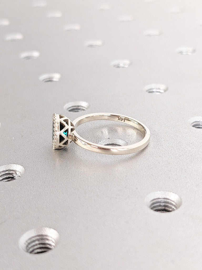 Round Cut Lab Emerald Ring, Bezel Engagement Ring, Milgrain White Gold Ring, Solitaire Ring